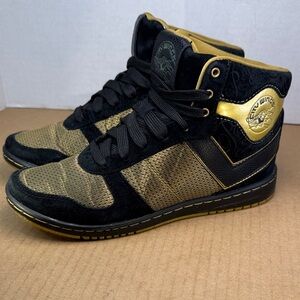 Retro Pony City Wings Cosmo Shiny Gold Black Suede High-top Sneakers Womens sz 6